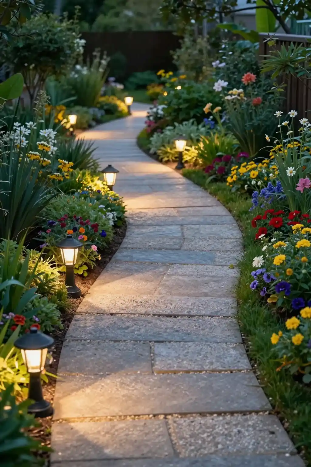 Garden pathway lined with solar lights creating a welcoming and safe nighttime walkway