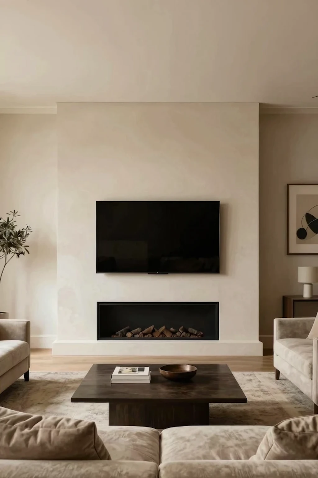 Neutral-toned fireplace TV wall with textured finishes and elegant modern styling