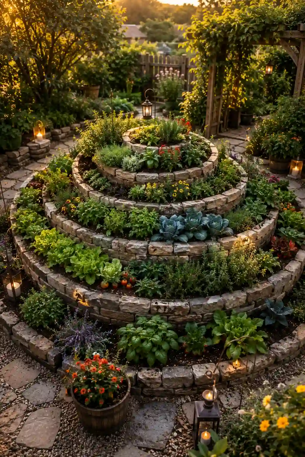 Decorative spiral herb and vegetable garden design