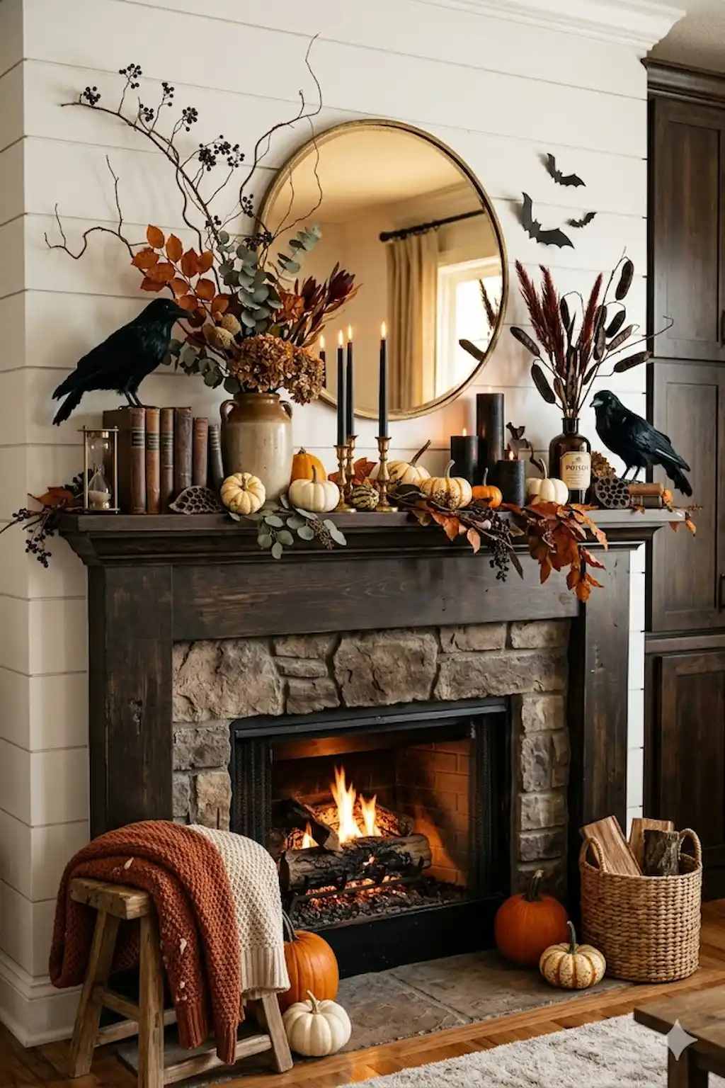 Halloween mantel decorated with branches pumpkins and candles
