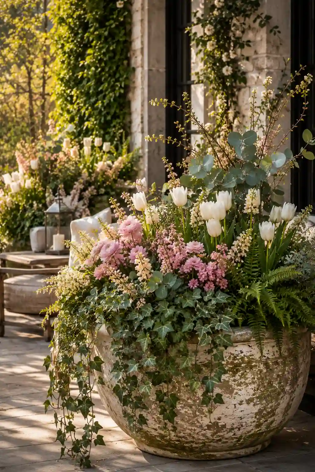 Lush spring planter filled with greenery and pastel flowers