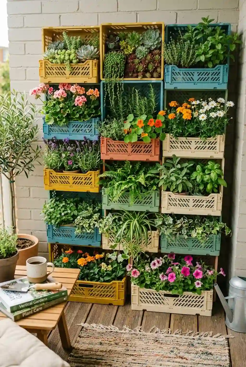 Stackable plastic crate garden filled with plants and flowers