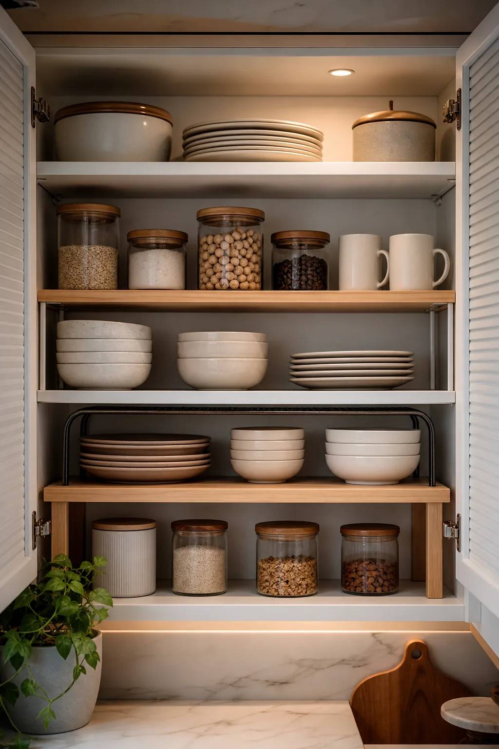 Kitchen cabinet with stackable shelf organizers maximizing vertical storage