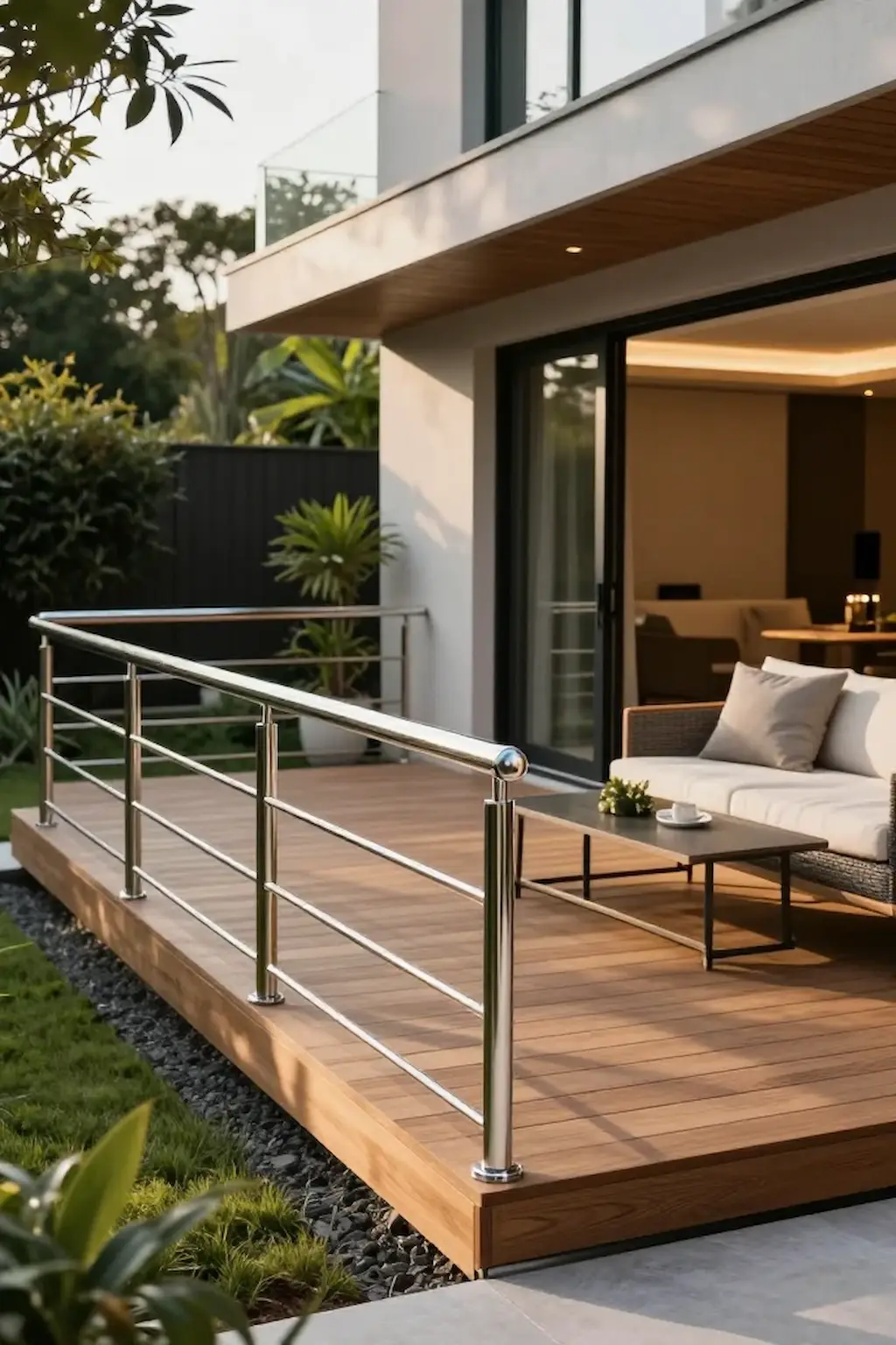 Contemporary deck with stainless steel railing system