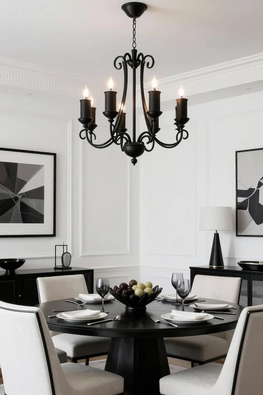 Dining room with large black chandelier above dining table