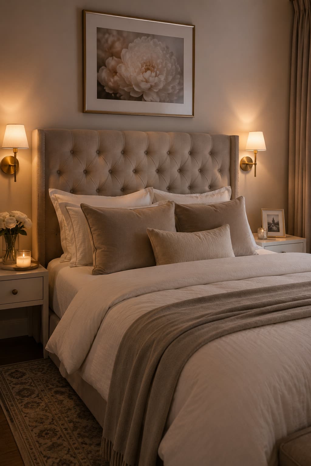 bedroom with stylish tufted headboard