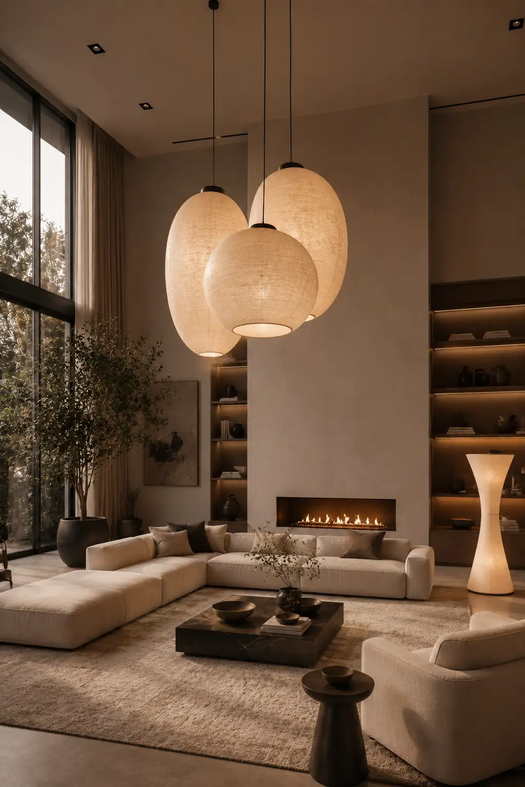Modern living room with statement lighting and elegant design