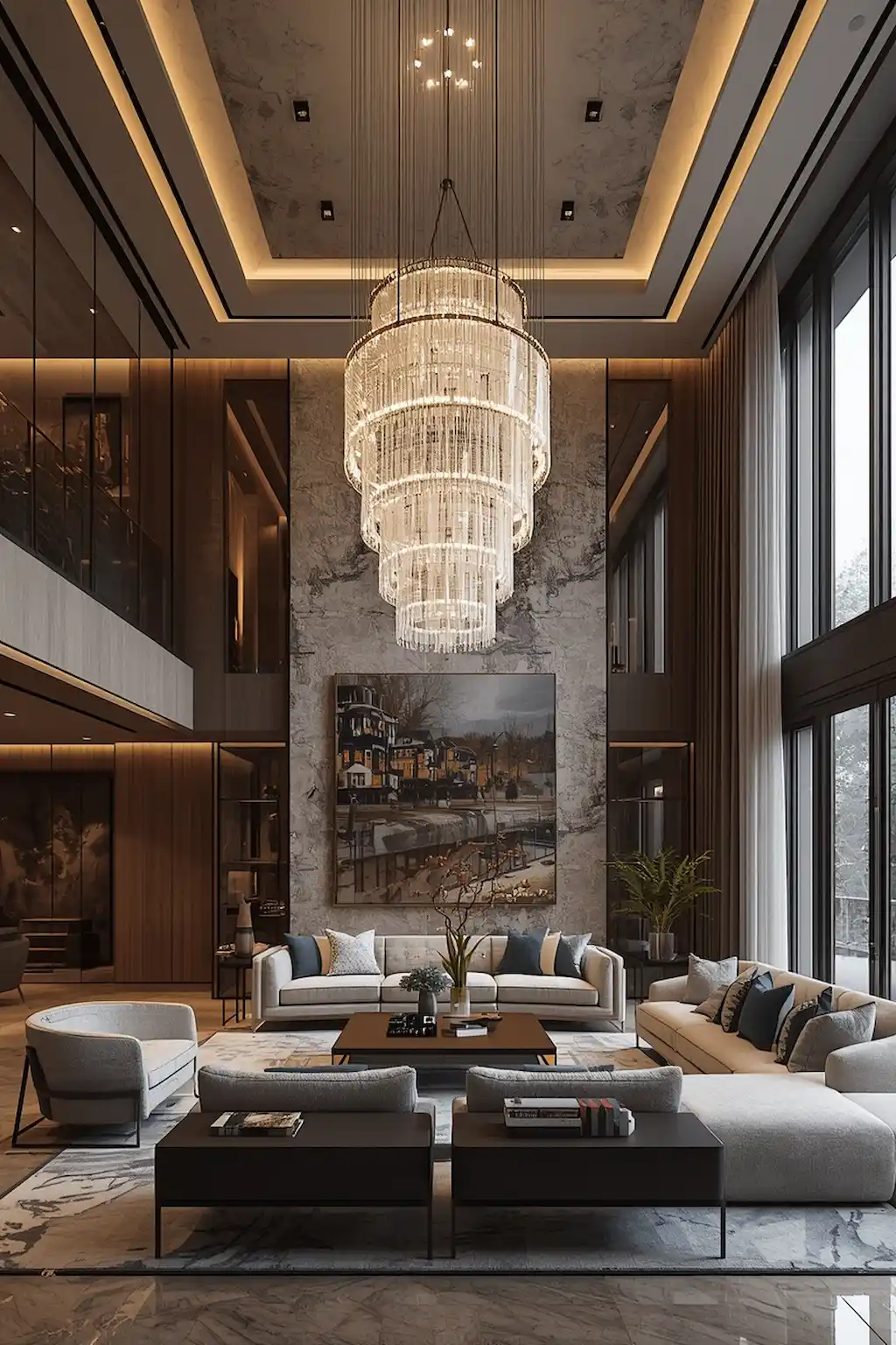 modern large living room with oversized chandelier and elegant decor