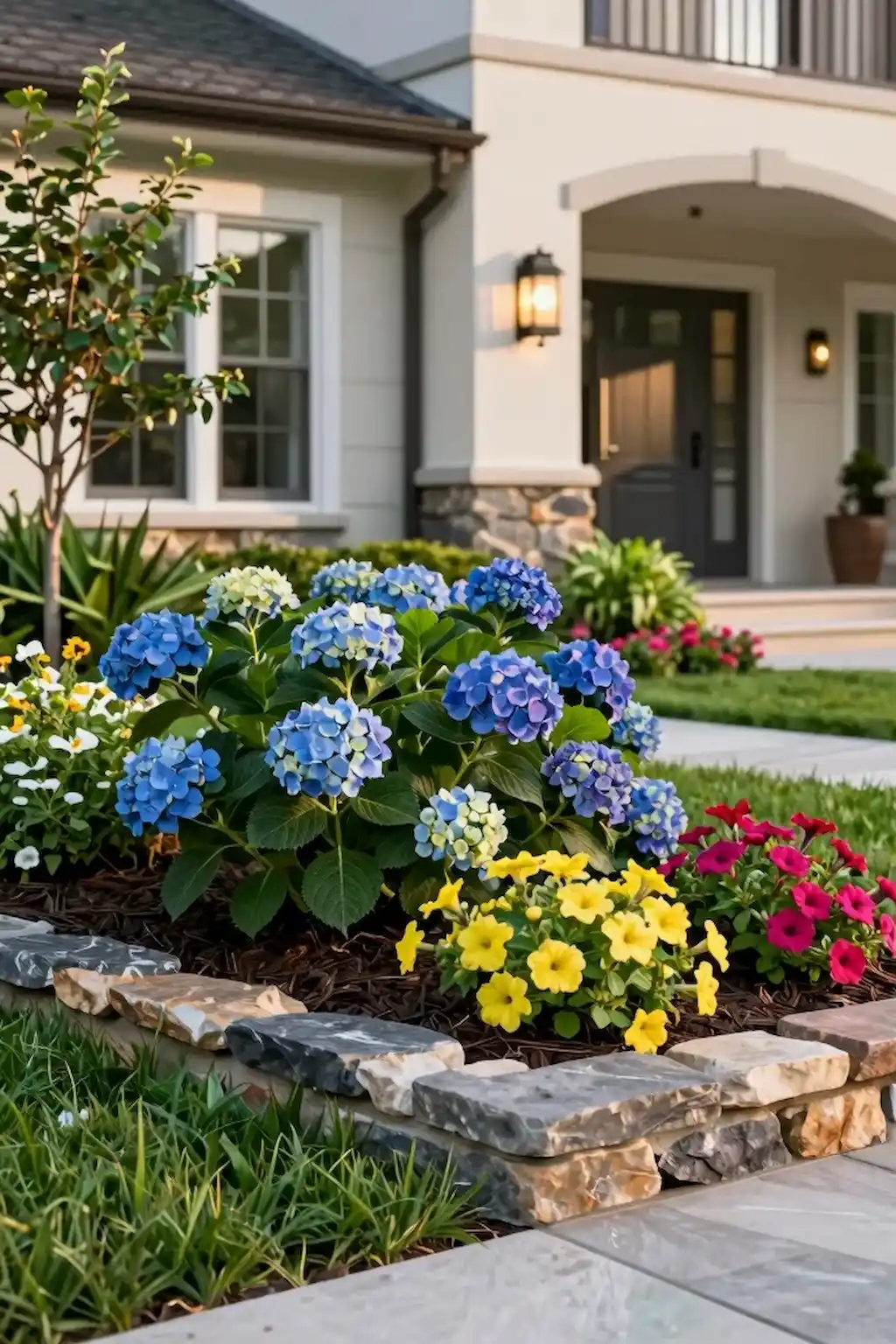 Front yard flower bed with natural stone borders and colorful flowers