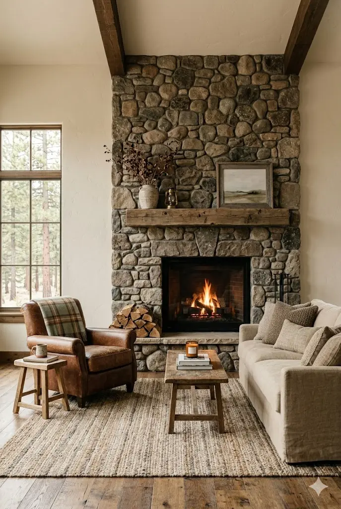 Ranch home with a natural stone fireplace wall