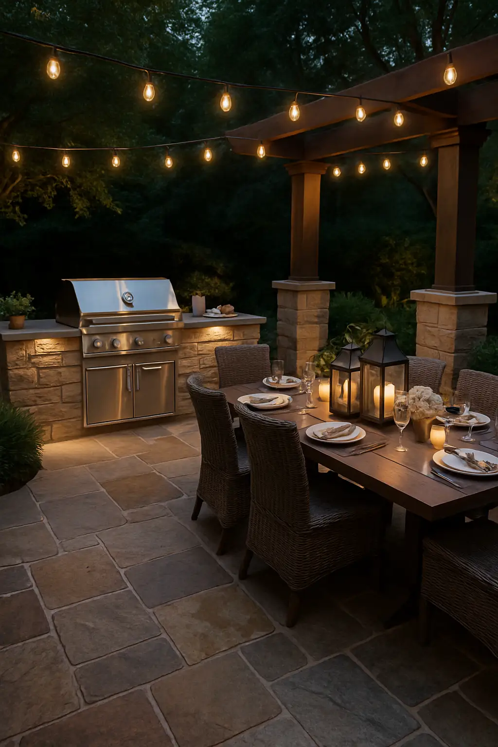 Stylish outdoor BBQ space featuring stone flooring and modern grilling station
