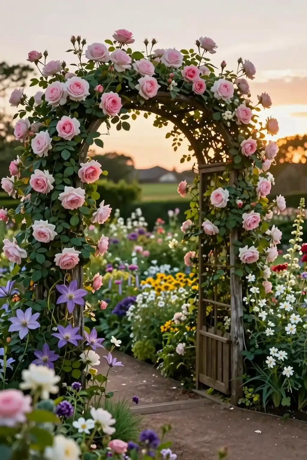 Rustic garden arch covered with climbing roses and flowering vines in a dreamy cottage garden.
