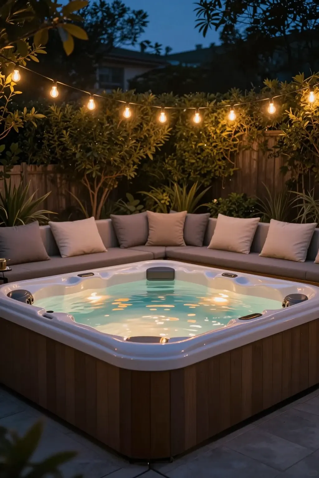 Cozy backyard hot tub with glowing string lights at night