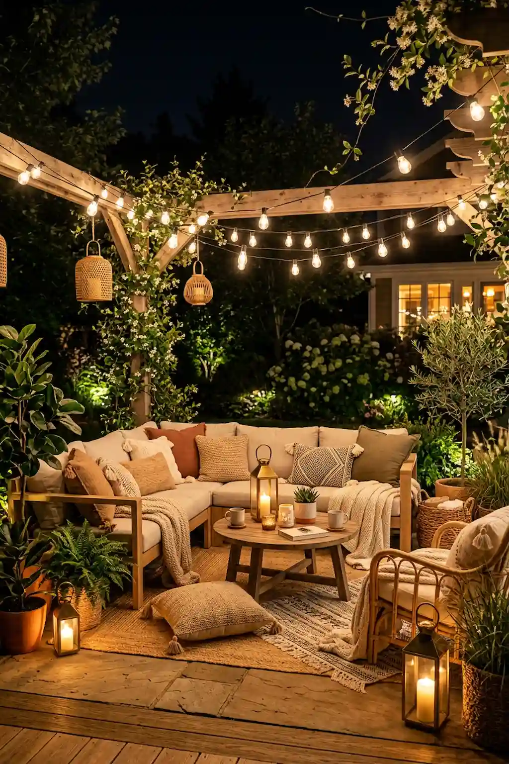 Cozy outdoor patio decorated with glowing string lights