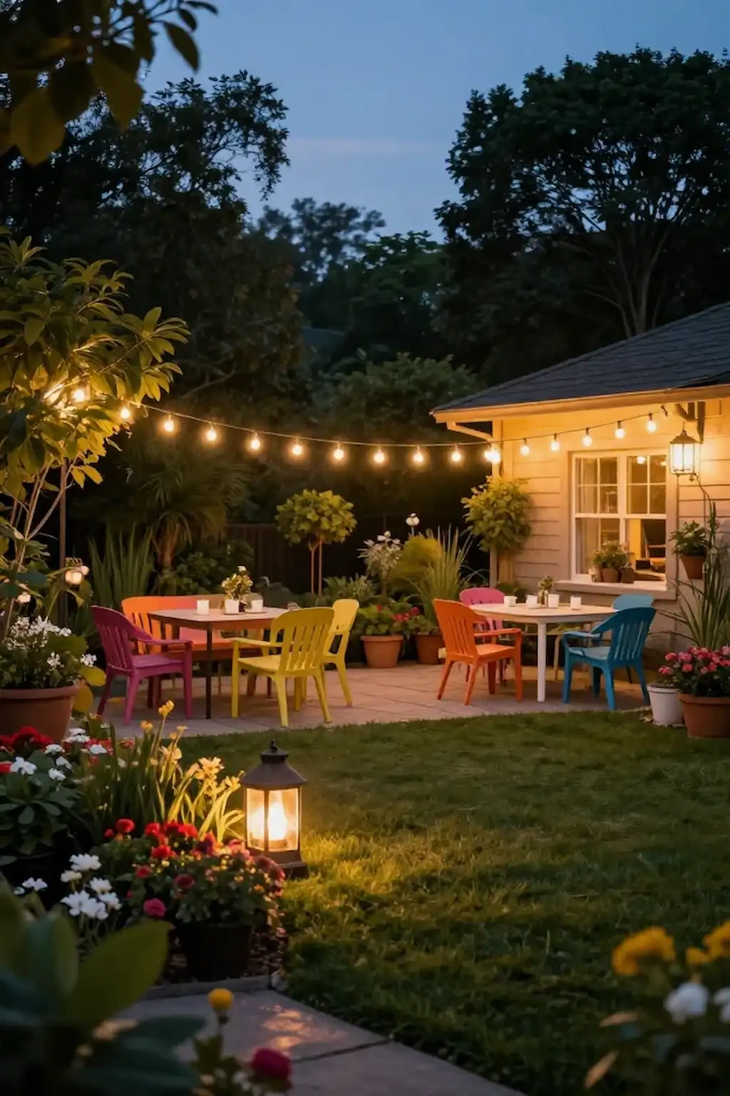 Backyard illuminated with warm string lights