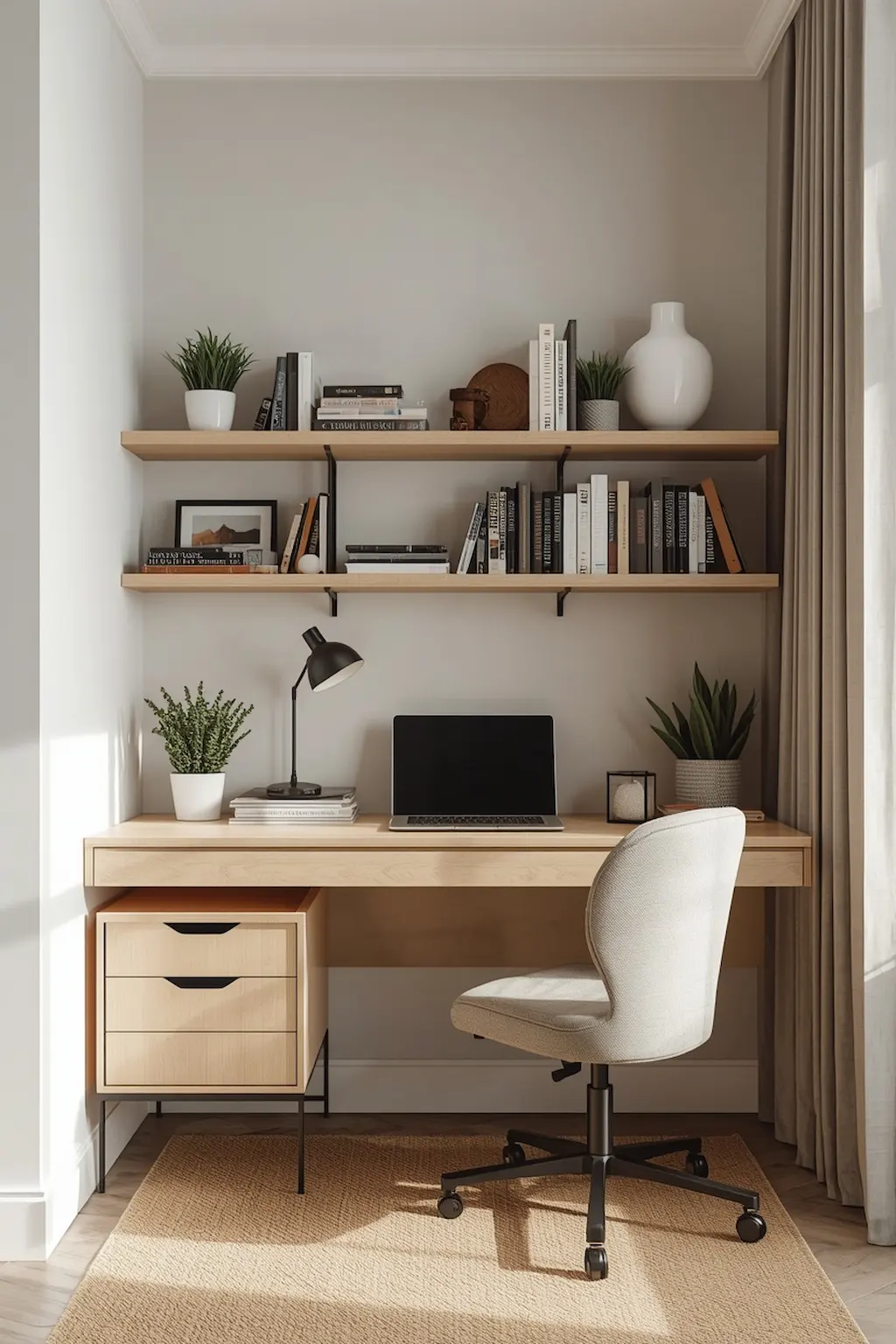 Apartment study area with desk, floating wall shelves, books, and organized workspace design