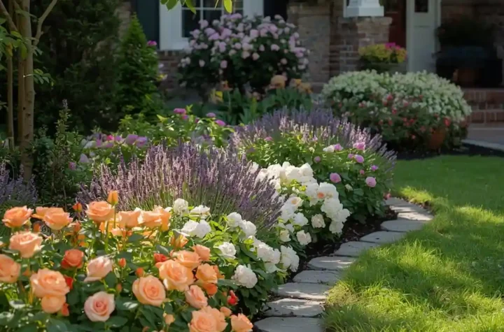 Beautiful front yard flower bed with colorful flowers, curved borders, and elegant landscaping