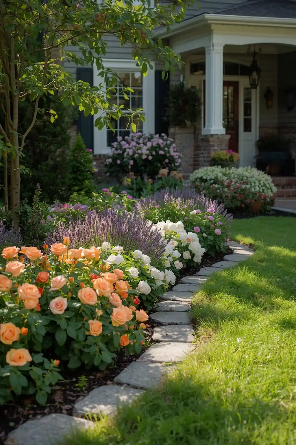 Beautiful front yard flower bed with colorful flowers, curved borders, and elegant landscaping
