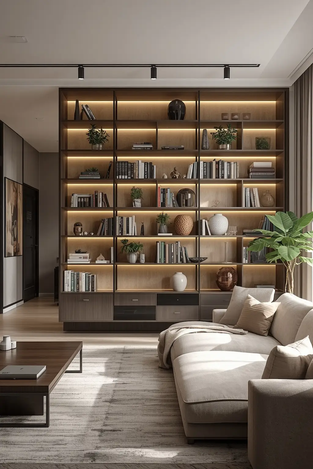 open living room with bookshelf divider and decorative shelves