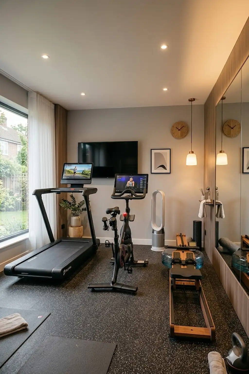 Modern cardio home gym with treadmill and sleek workout equipment