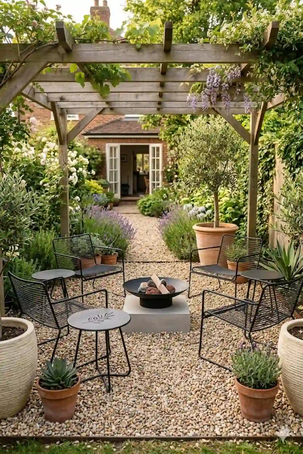 Minimalist gravel patio with modern outdoor seating and decorative landscaping