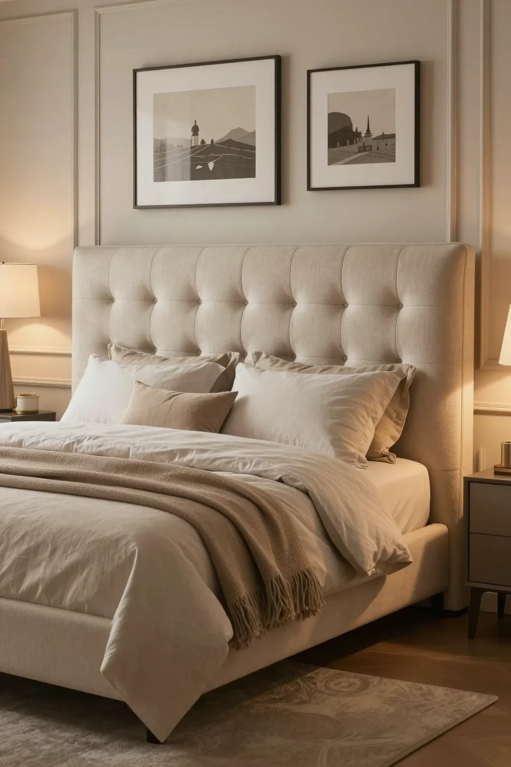 Cozy small bedroom with boucle upholstered headboard and layered bedding