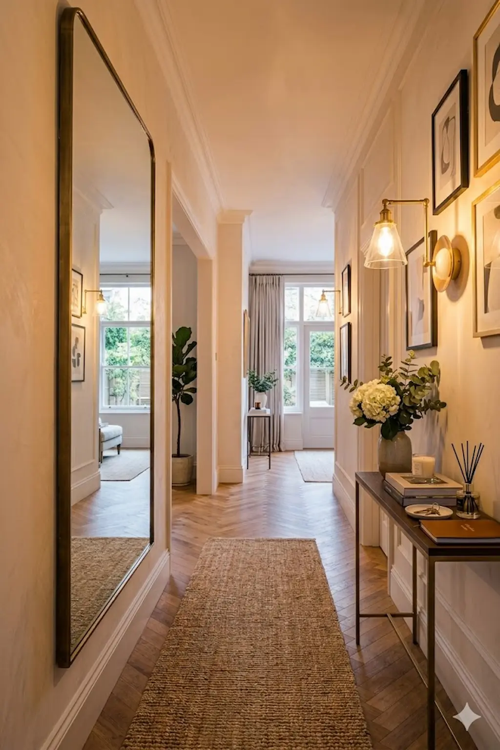 Hallway with decorative wall sconces and warm lighting