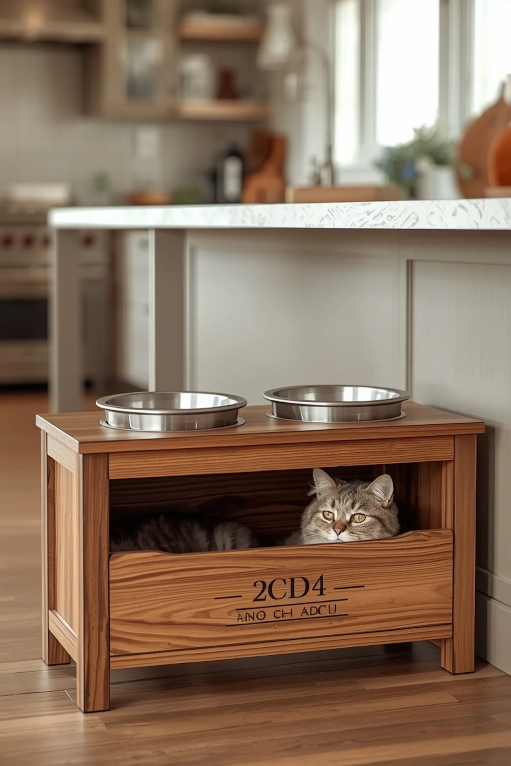 Handmade wooden pet feeding station with elevated bowls and modern design
