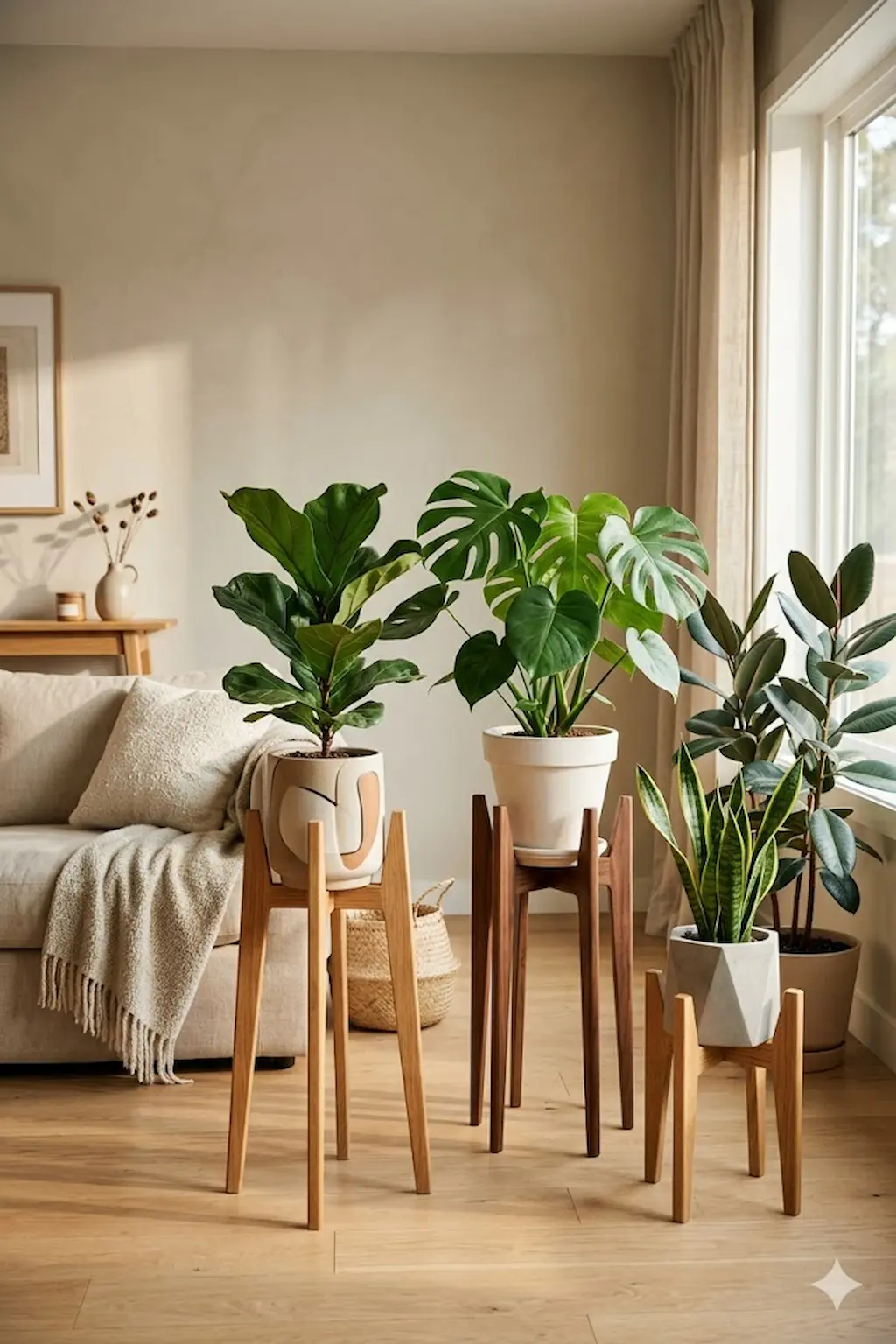 Minimalist wooden plant stands with indoor greenery and modern decor