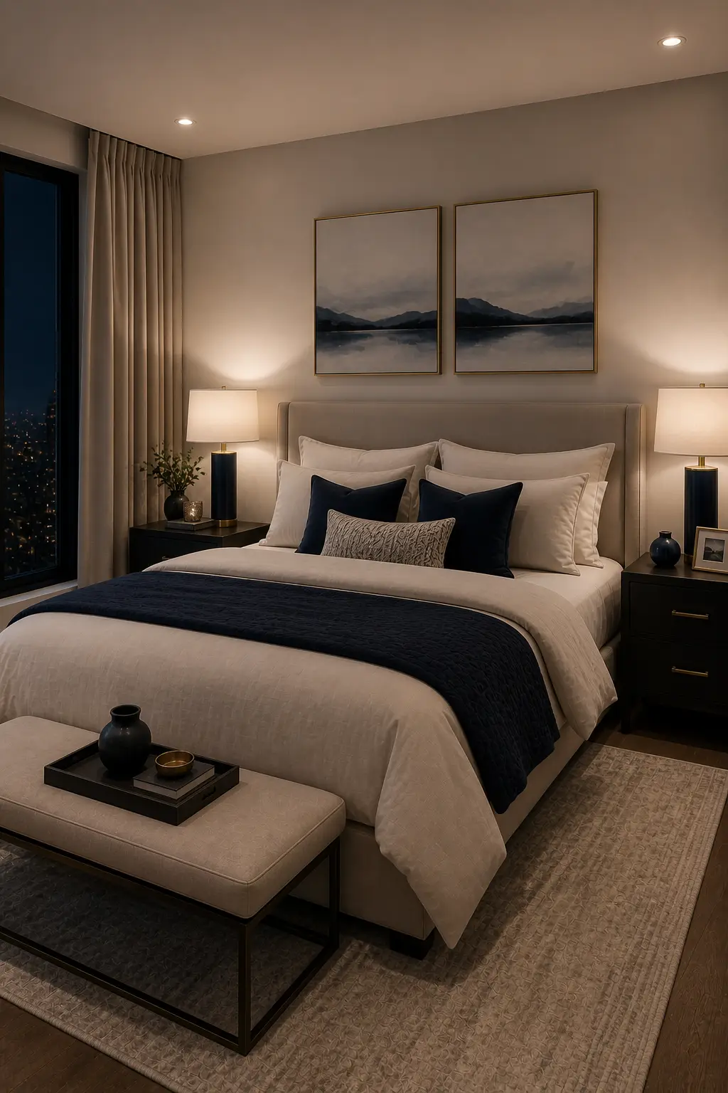 Bedroom with small navy decorative elements