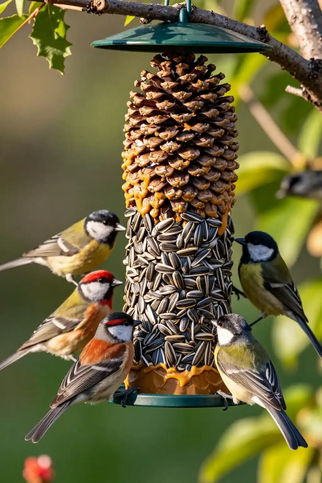 Pine cone feeder packed with sunflower seeds attracting colorful birds