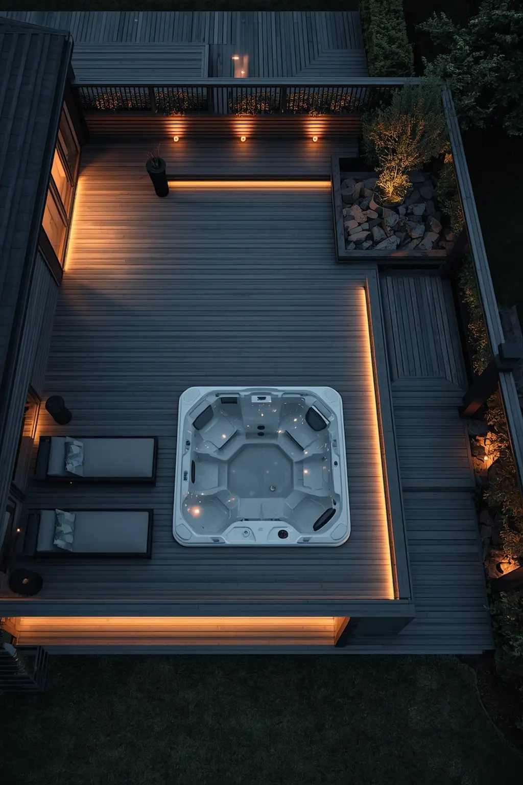 Modern sunken hot tub with sleek wooden deck design