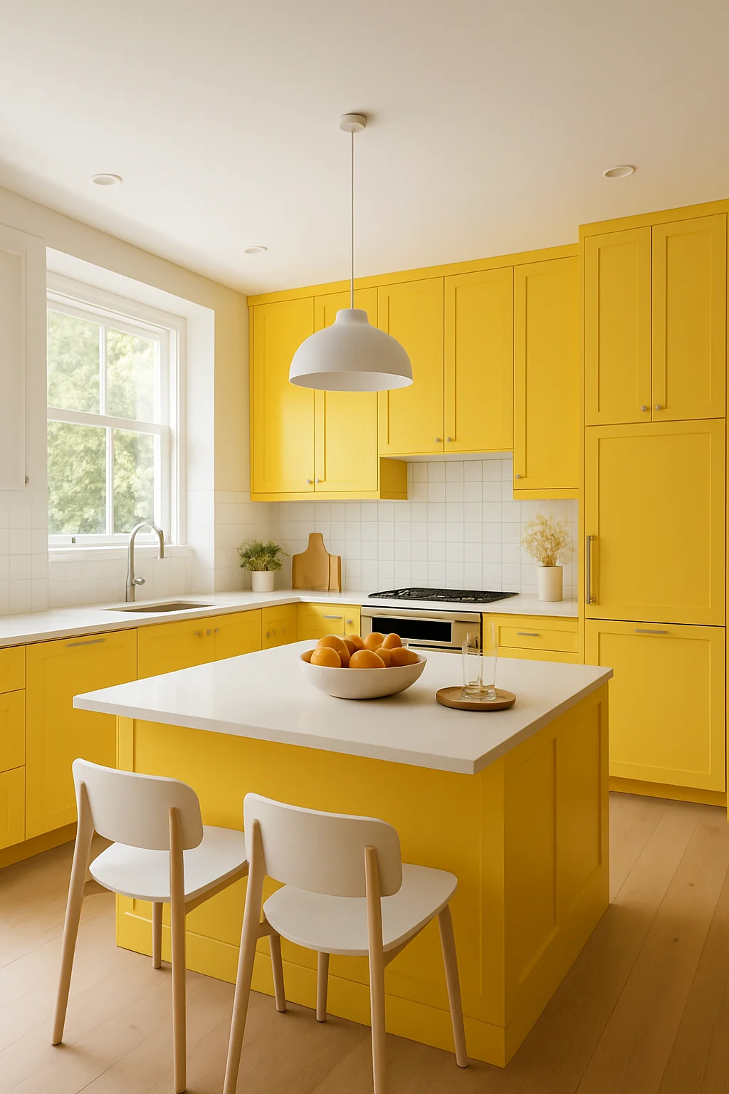 Bright sunshine yellow kitchen cabinets in an open-concept minimalist home