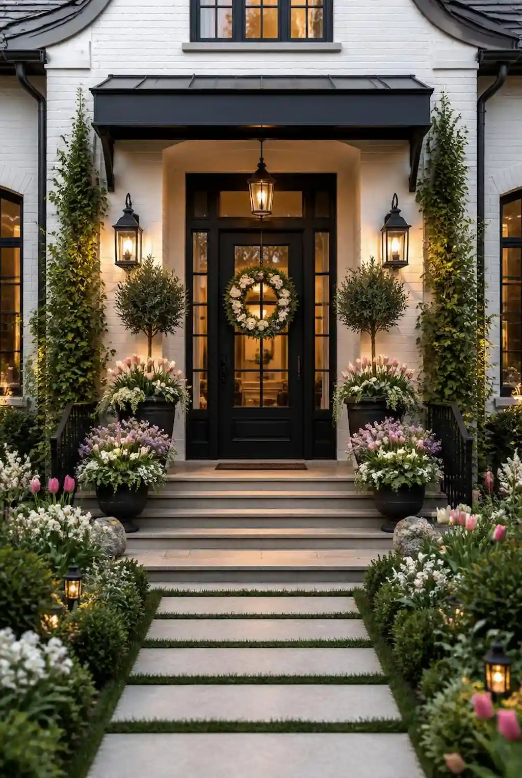 Matching spring porch planters beside elegant front door entrance