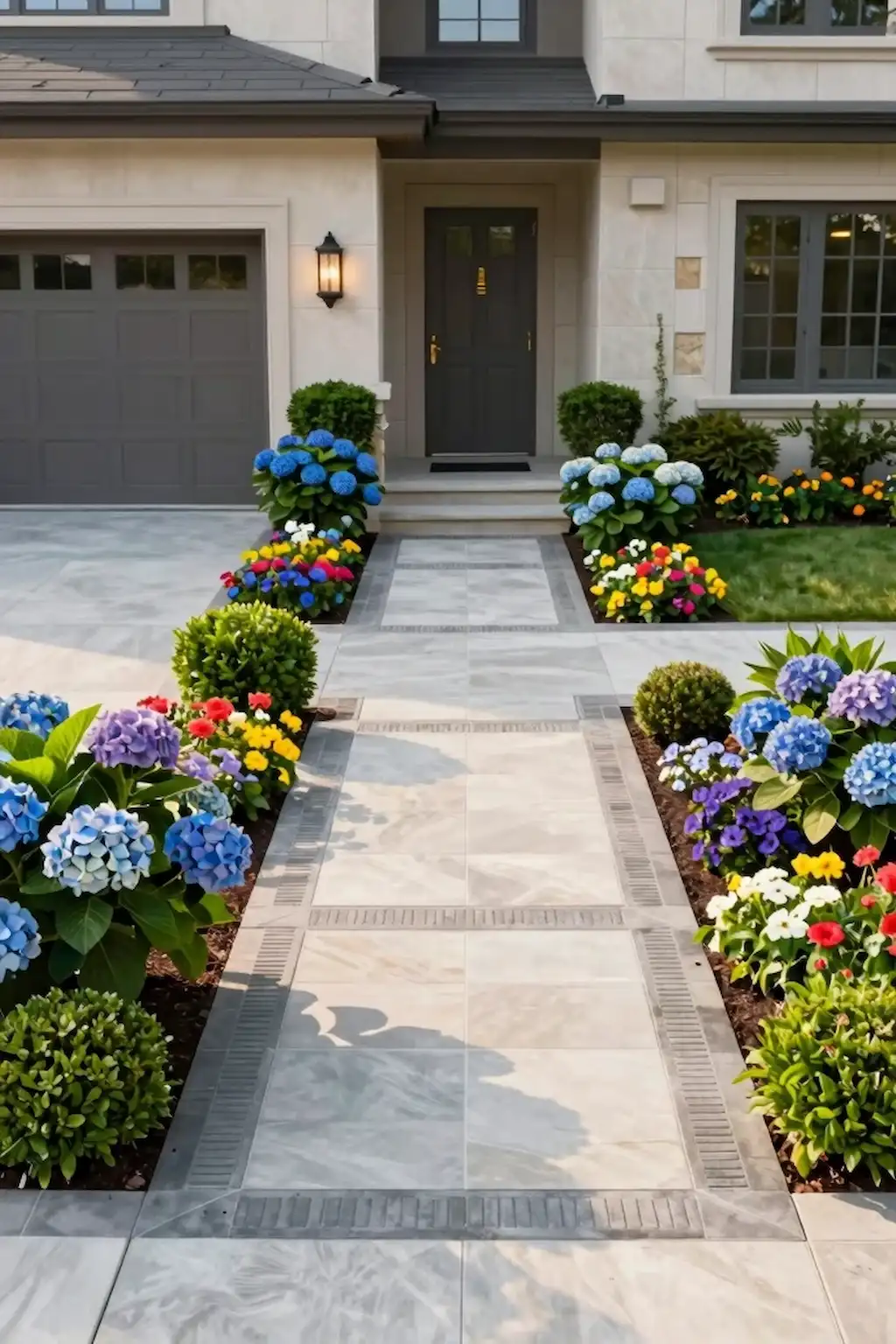 Symmetrical front yard flower beds with elegant modern landscaping