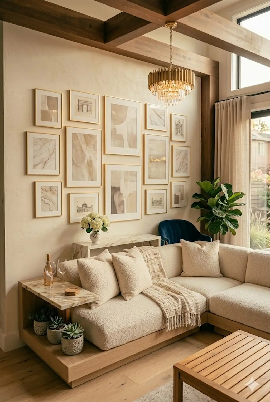 Luxury gallery wall with gold frames and soft neutral decor