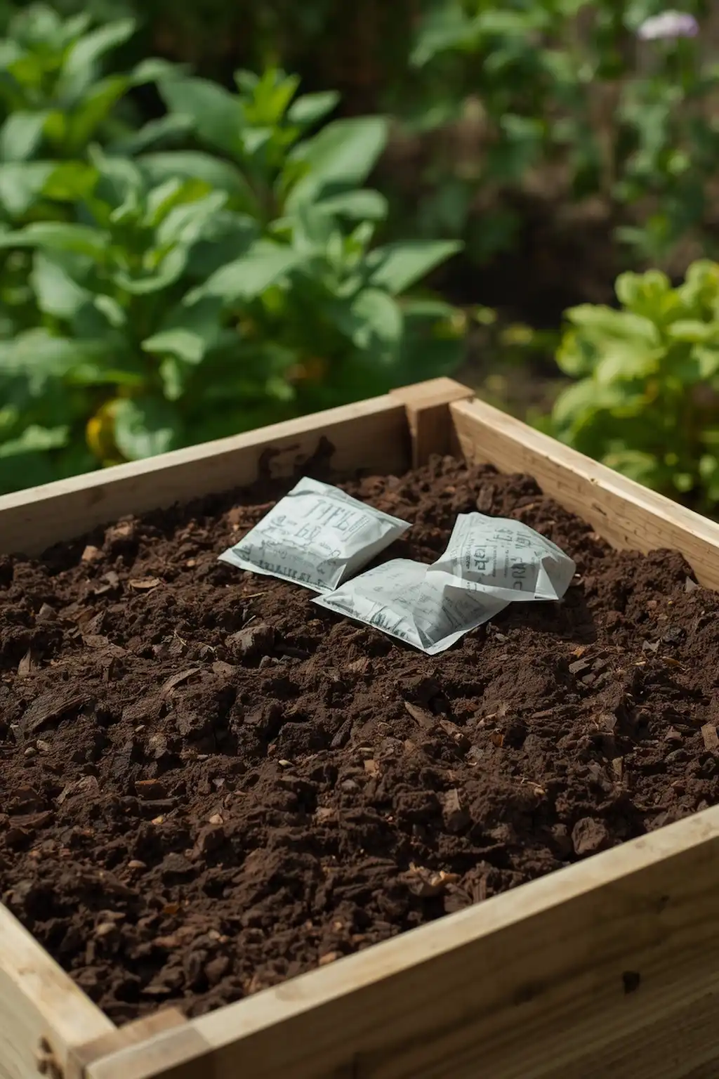Used tea bags being added to compost for extra nutrients.
