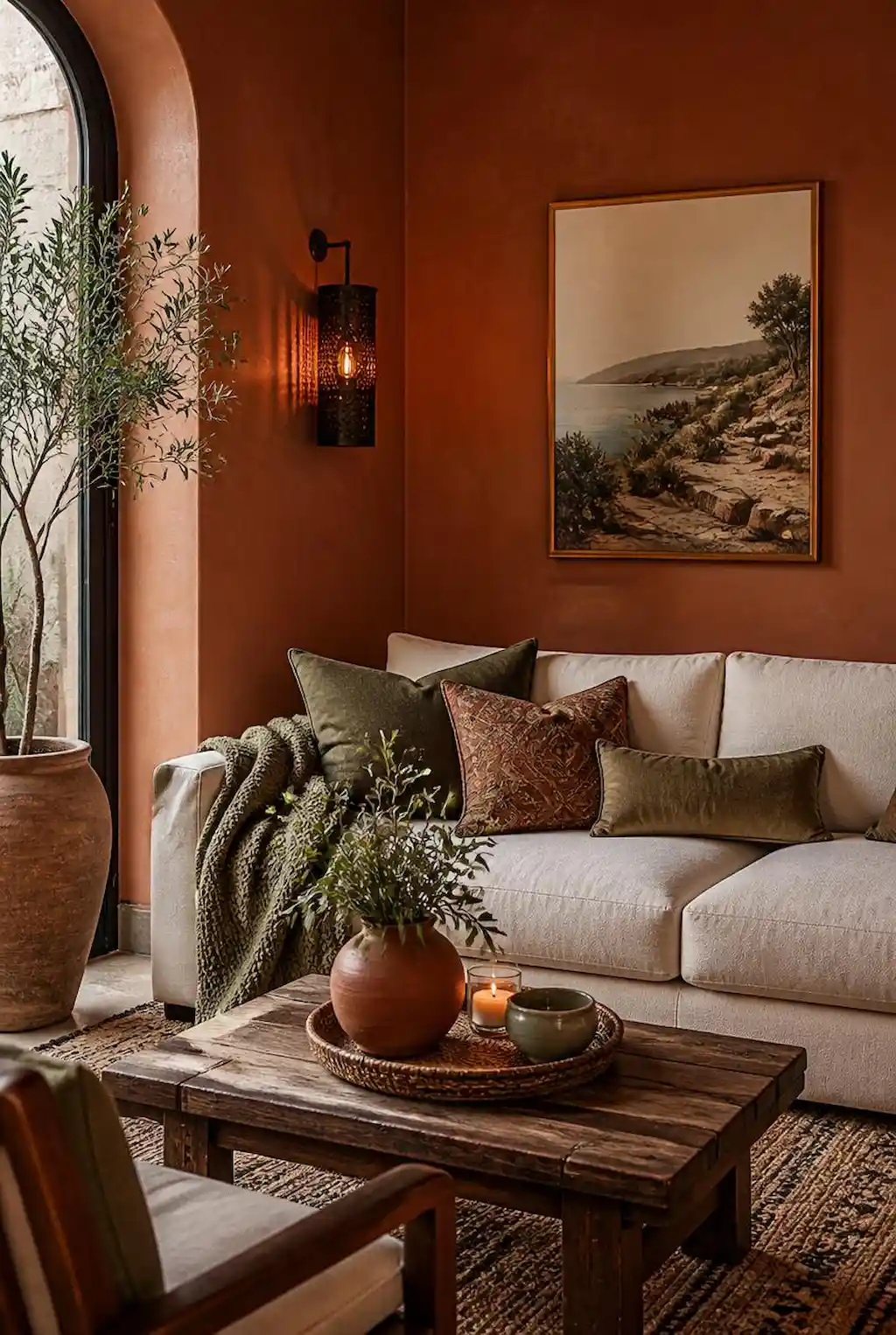 Terracotta living room with earthy decor and warm cozy atmosphere
