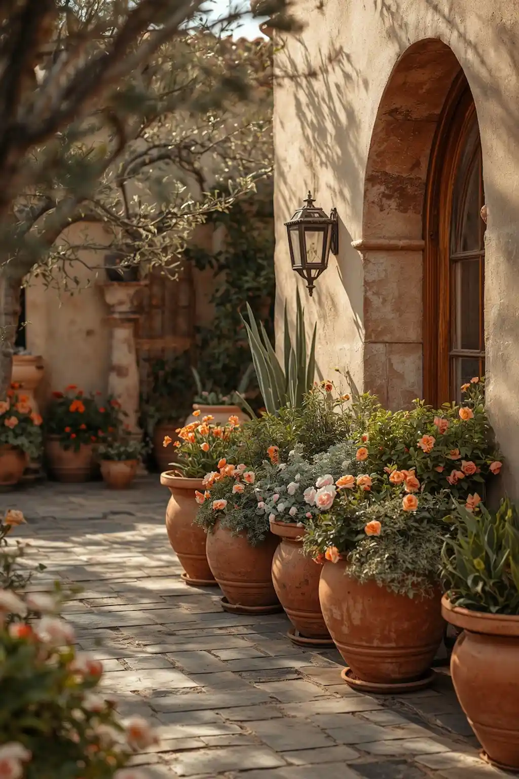 Terracotta planters filled with greenery and spring flowers