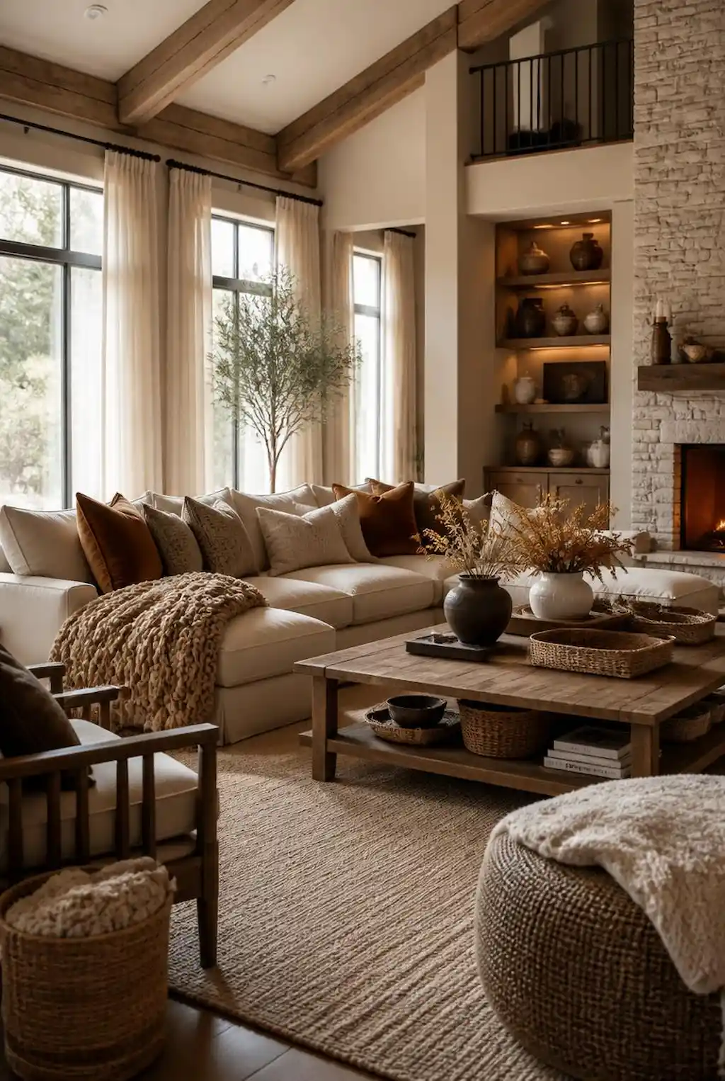 large cozy living room with layered textures and warm neutral decor