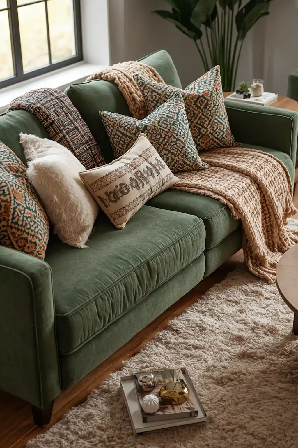 Green couch styled with patterned pillows, blankets, and layered textures