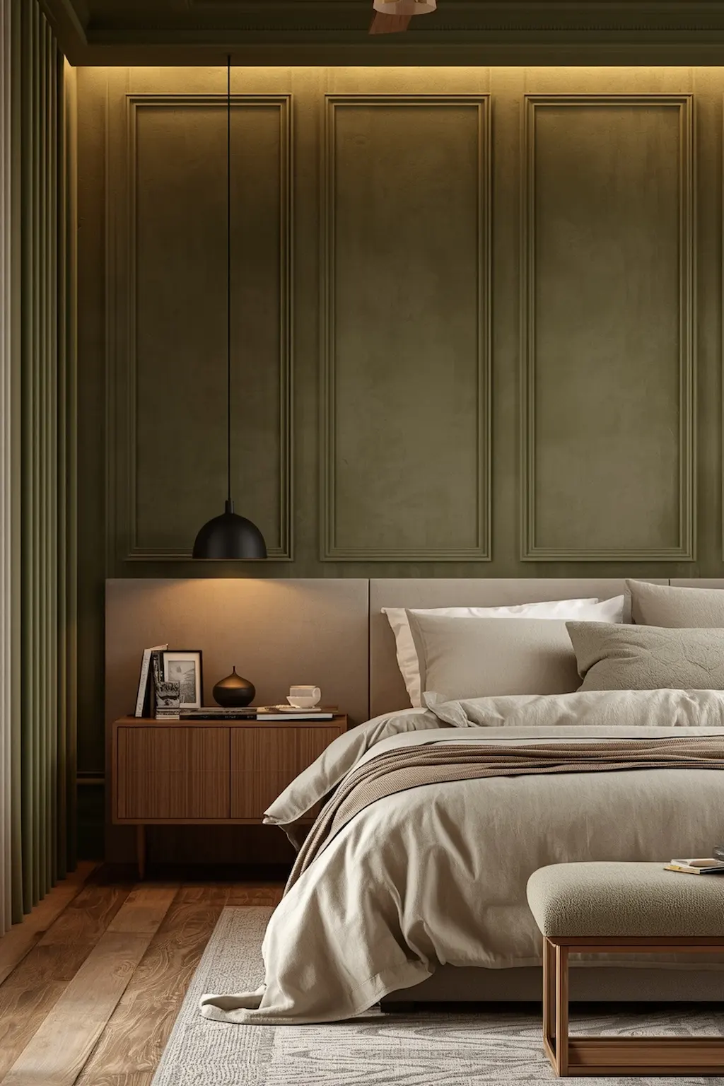 Bedroom with textured olive green walls and modern decor