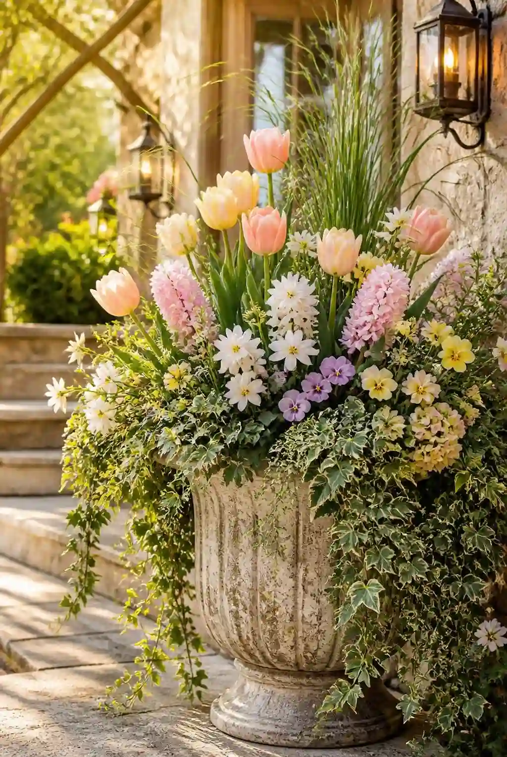Spring planter with mixed textures, flowers, greenery, and vines