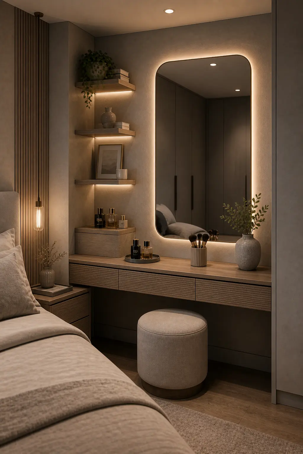 Vanity with wood and matte textured finishes