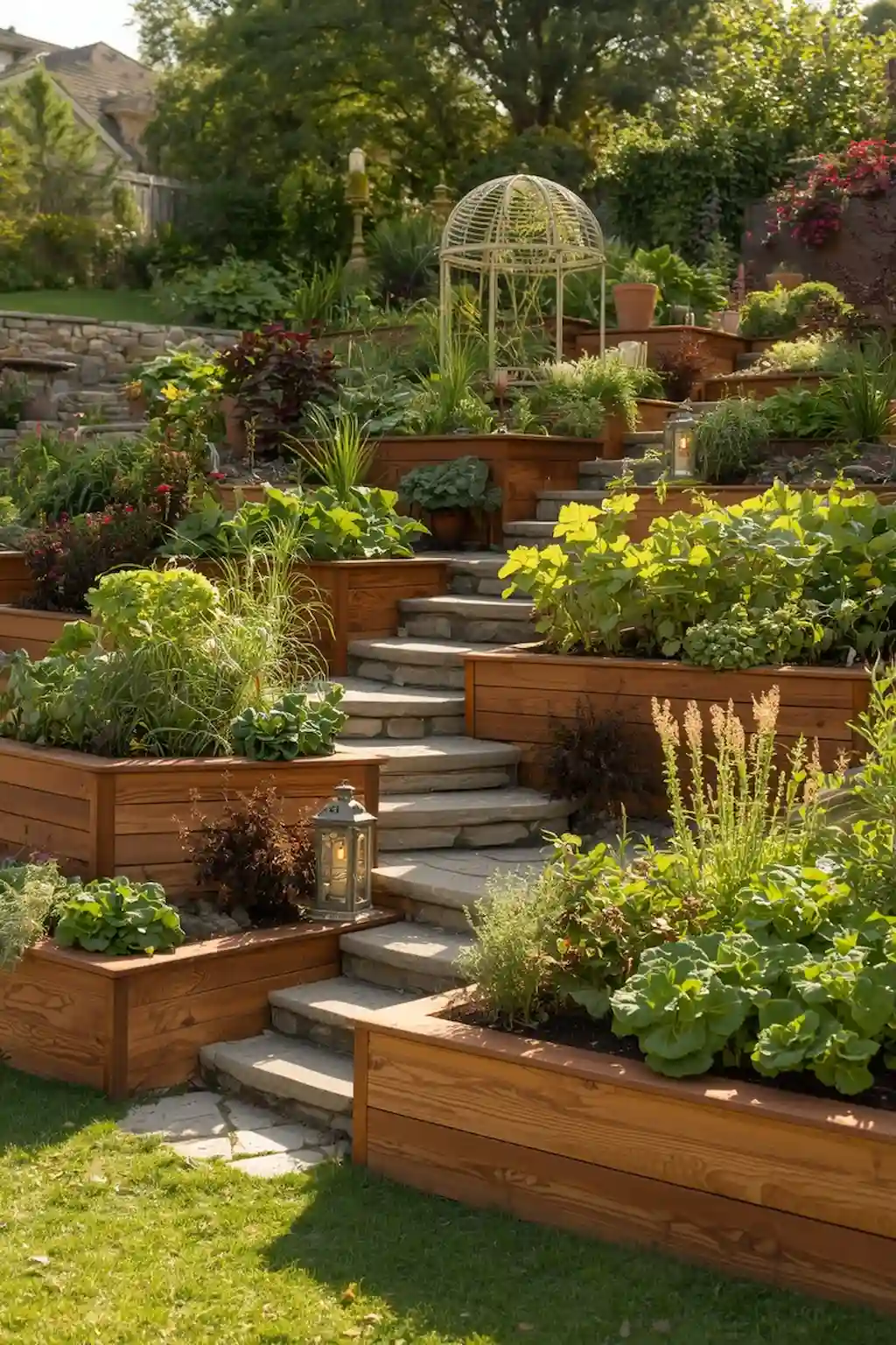 Multi-level vegetable garden with tiered raised beds