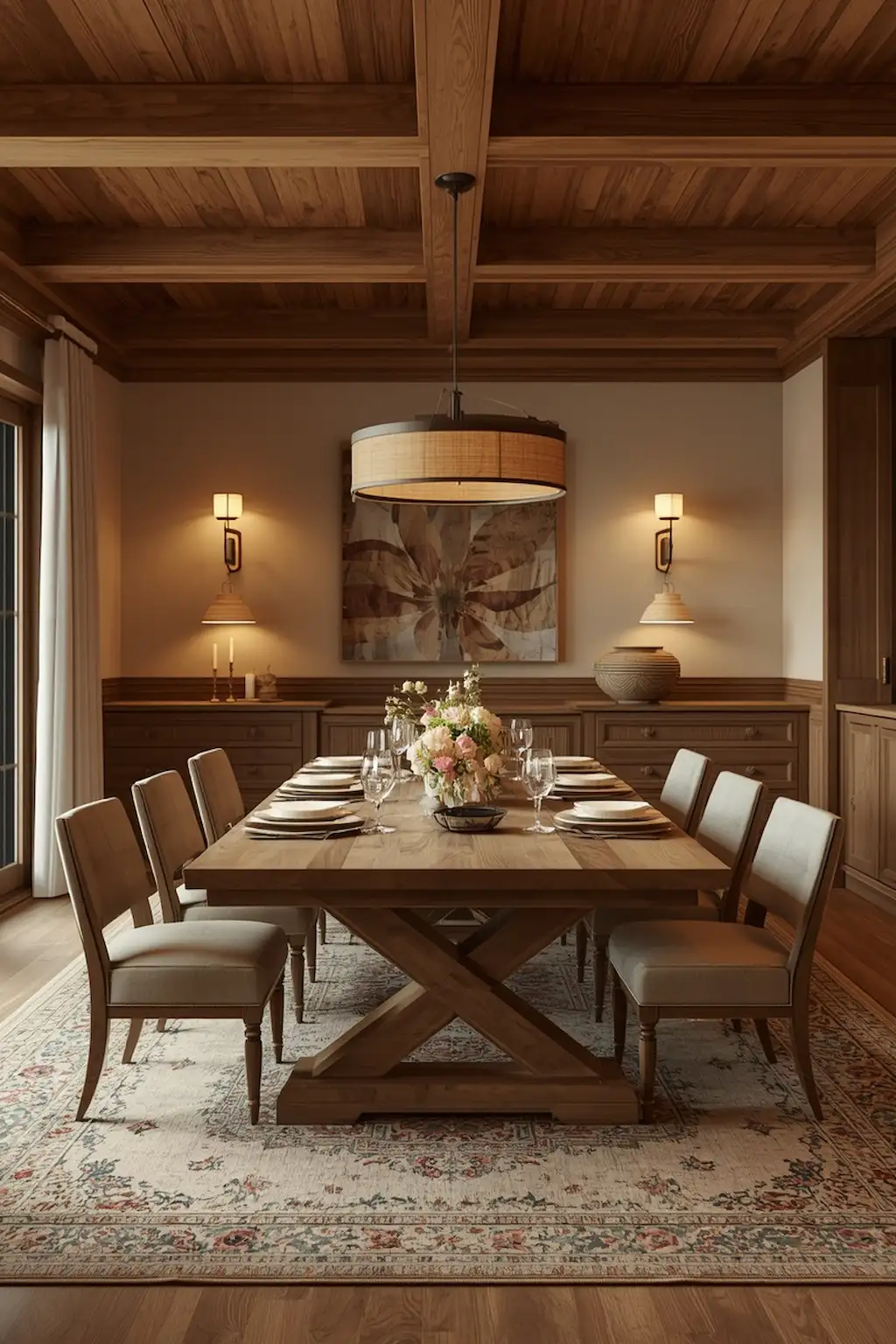 Rustic family dining room with a large wooden table, comfortable seating, warm lighting, and welcoming decor