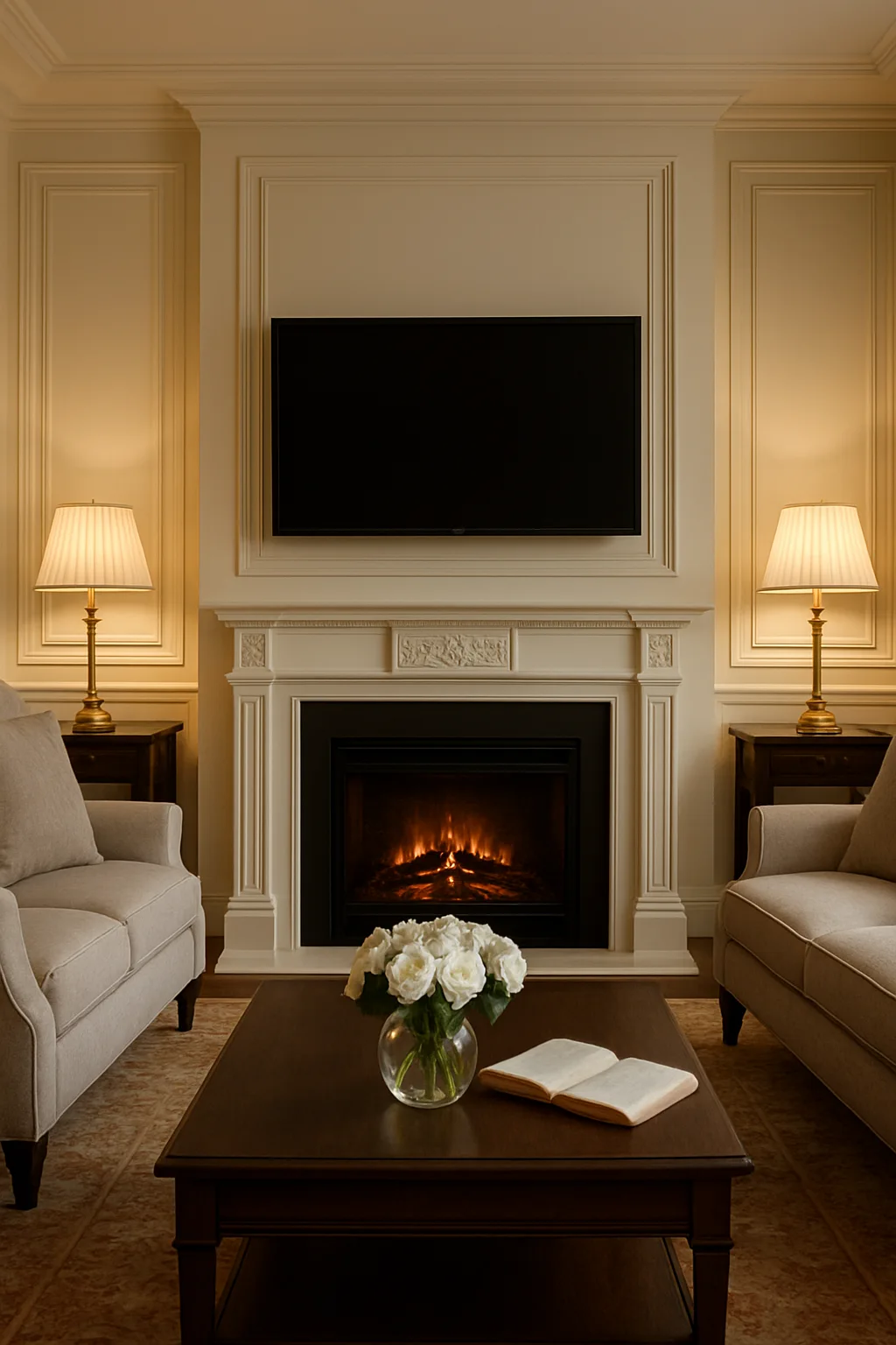 Traditional fireplace wall with decorative molding, electric fireplace, and TV