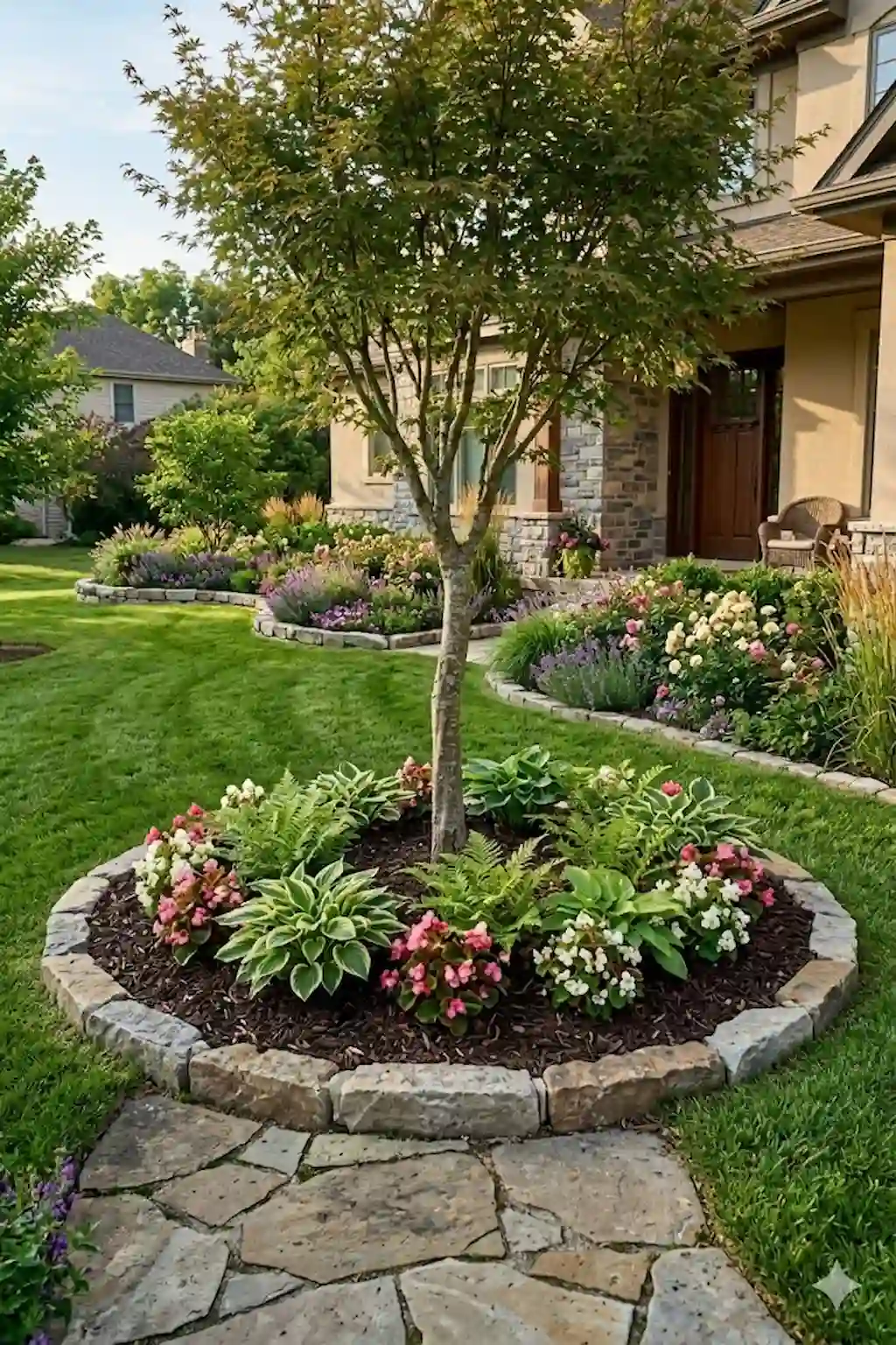 Flower bed around a front yard tree with colorful plants and mulch
