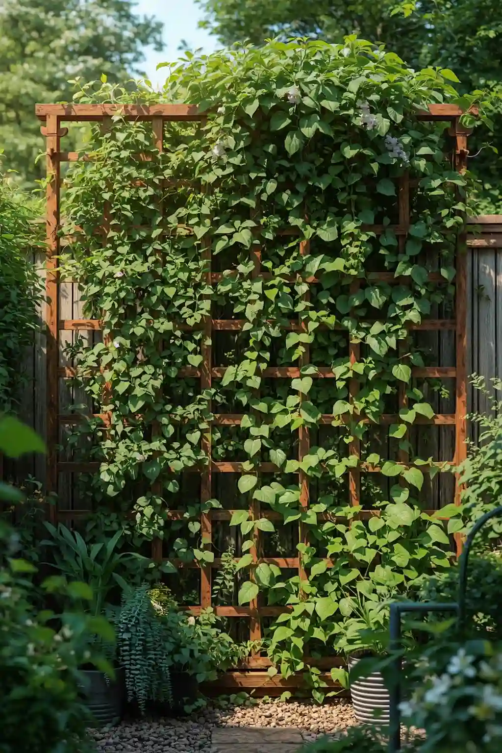 Wooden trellis wall covered with climbing plants and greenery