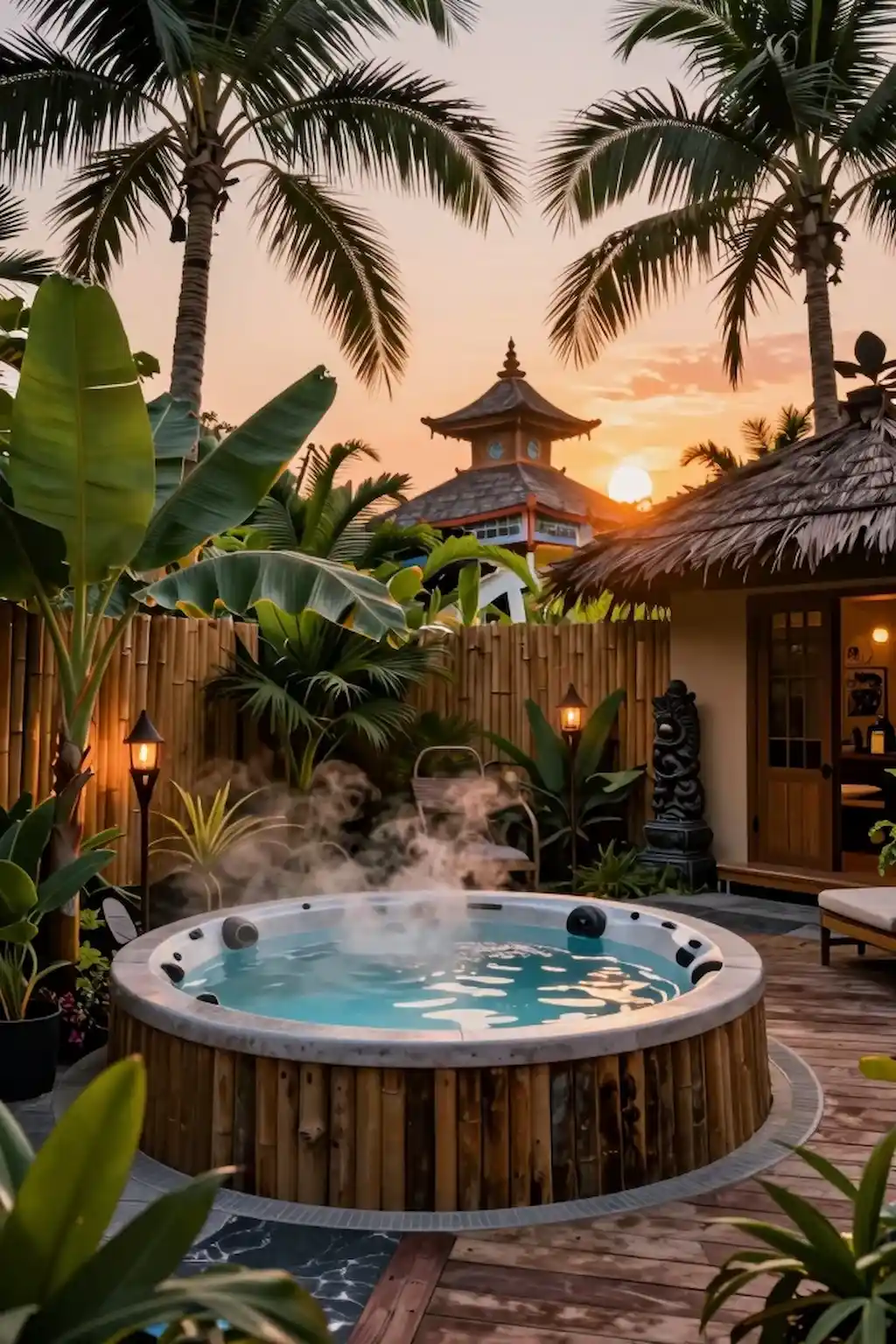 Tropical backyard hot tub surrounded by palm trees and bamboo decor